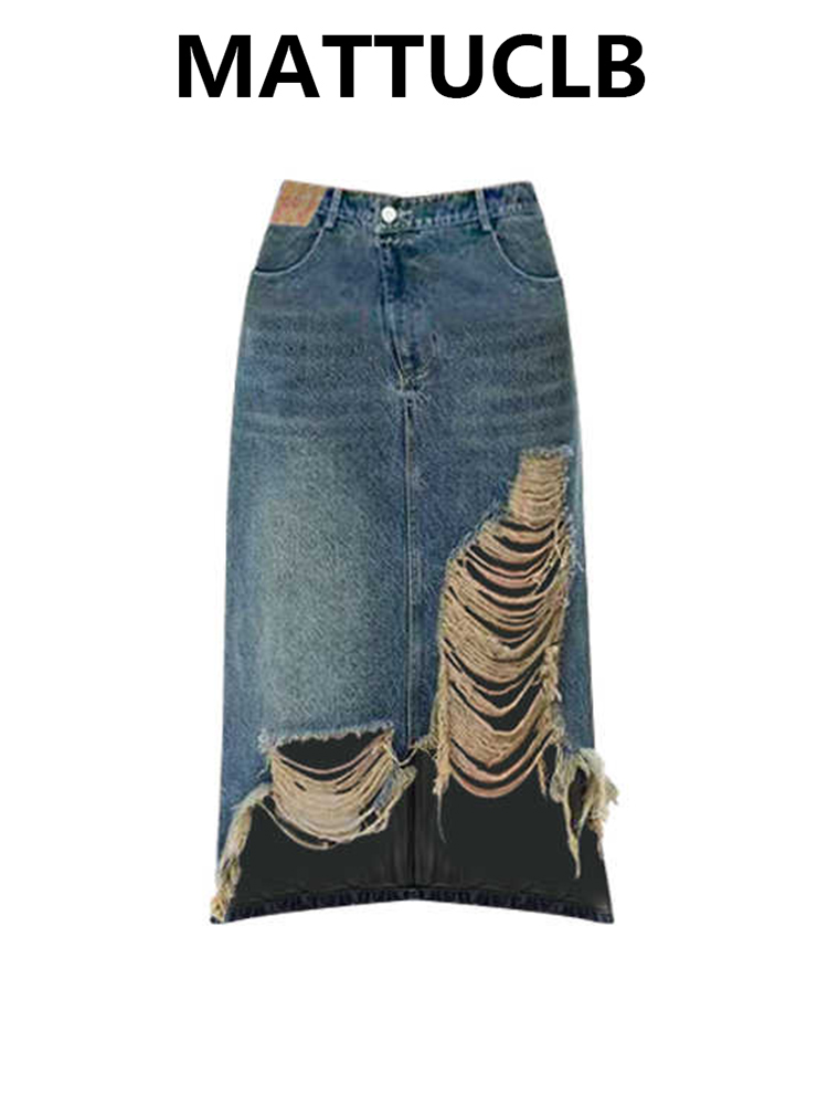Street Fashion American - Women 2000s Midi Skirt Ripped Denim