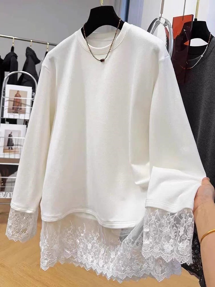 Women Lace Patchwork Long Slee - Longline Tee Oversized ulasan dan harga