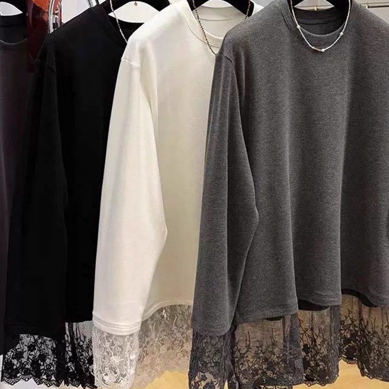 Women Lace Patchwork Long Slee - Longline Tee Oversized ulasan dan harga