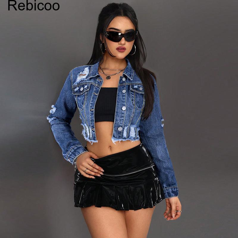Women's Cropped Denim Jacket L - Distressed Jean Rip ulasan dan harga