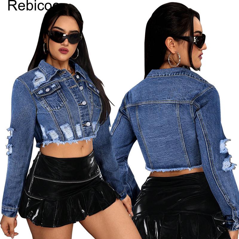 Women's Cropped Denim Jacket L - Distressed Jean Rip ulasan dan harga